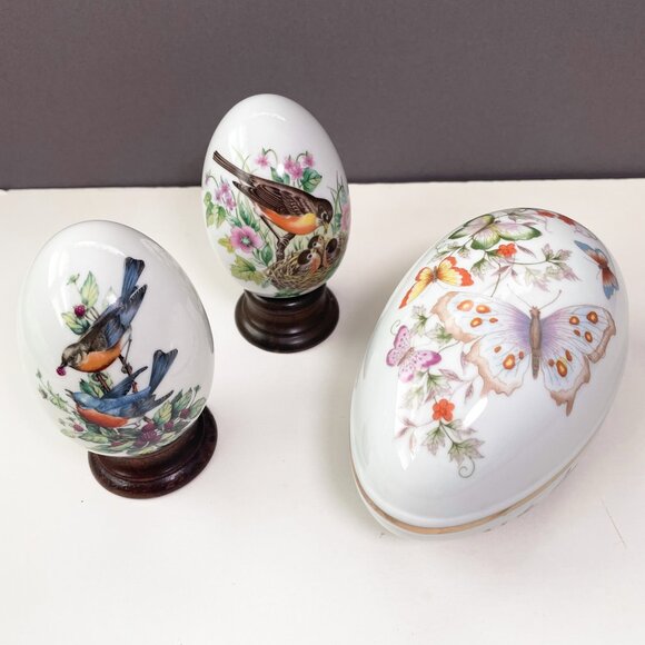 Avon Four Seasons 2 Egg Lot Porcelain Trinket Box + 22K Trim Dish Butterfly Dish - Picture 1 of 15